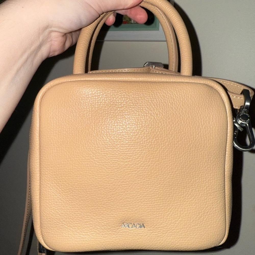 Arcadia Leather Cube Box Shaped Top Handle Bag with Strap
